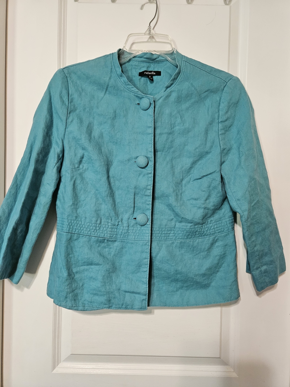 Rafaella Turquoise Collarless Linen Blend Blazer with Covered Buttons
